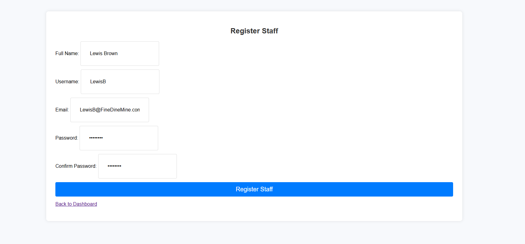 Register staff page 